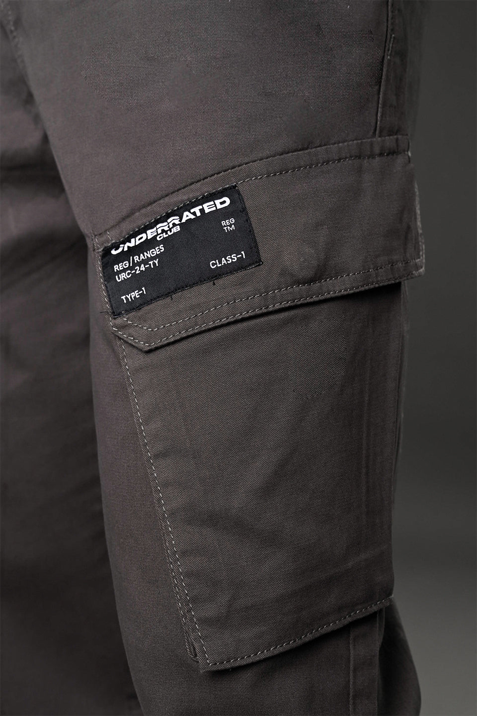 Close-up of charcoal grey UNDERRATED cargo pants thigh pocket with woven label "UNDERATED CLUB TP-1 CLASS-1", flap pocket details.