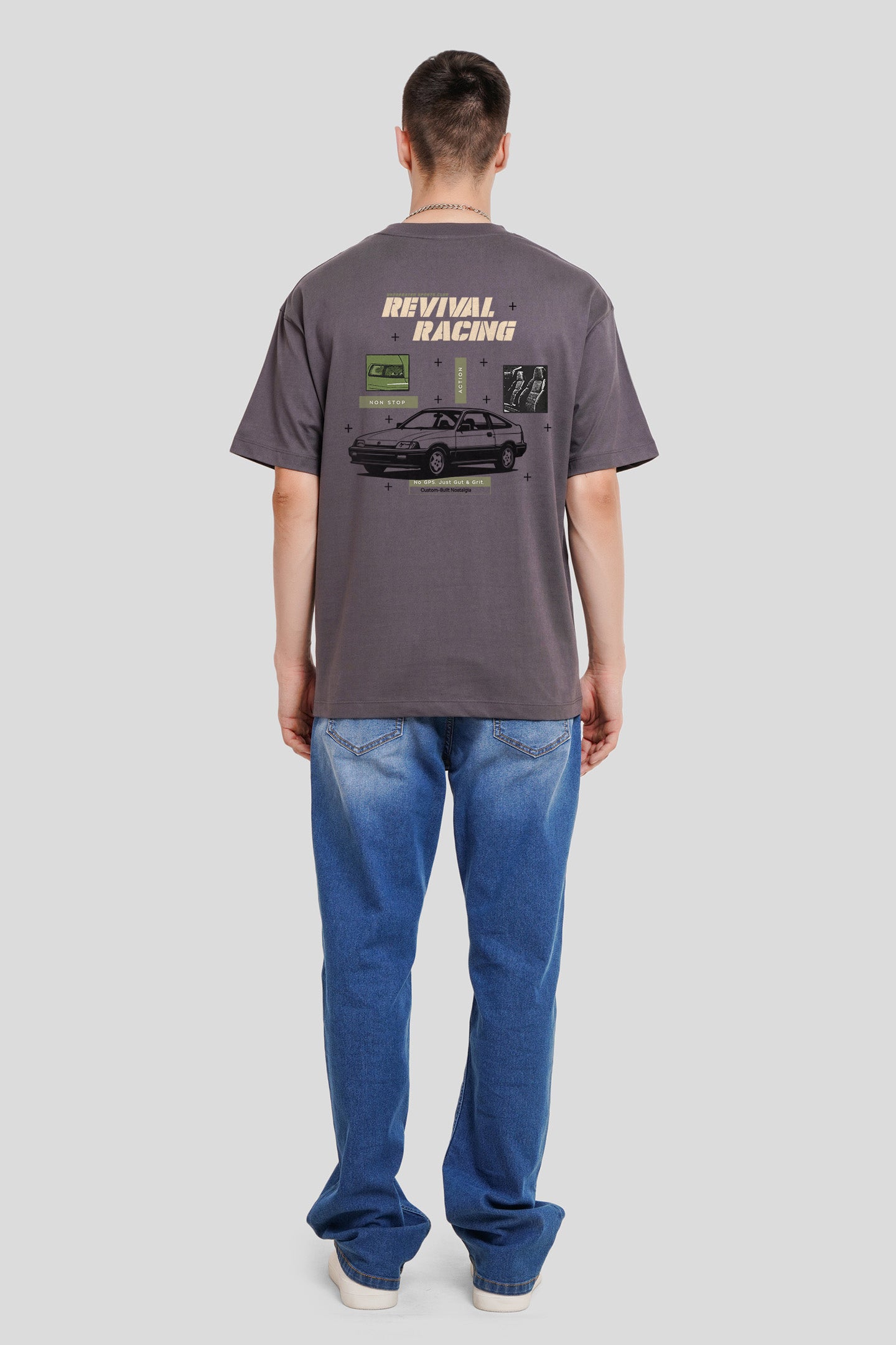 Revival Racing Dark Grey Oversized Fit T-Shirt Men Pic 1