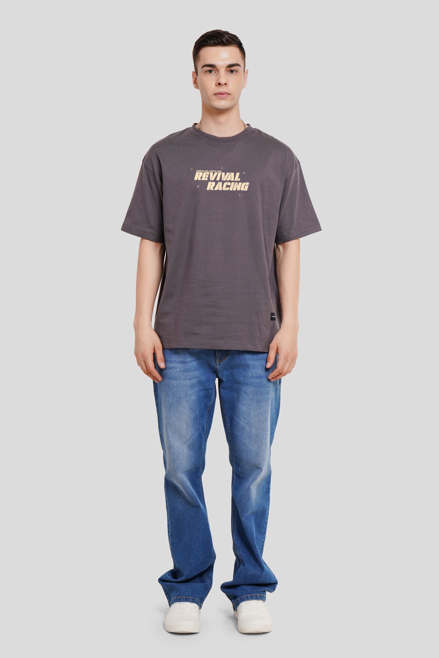 Revival Racing Dark Grey Oversized Fit T-Shirt Men Pic 2