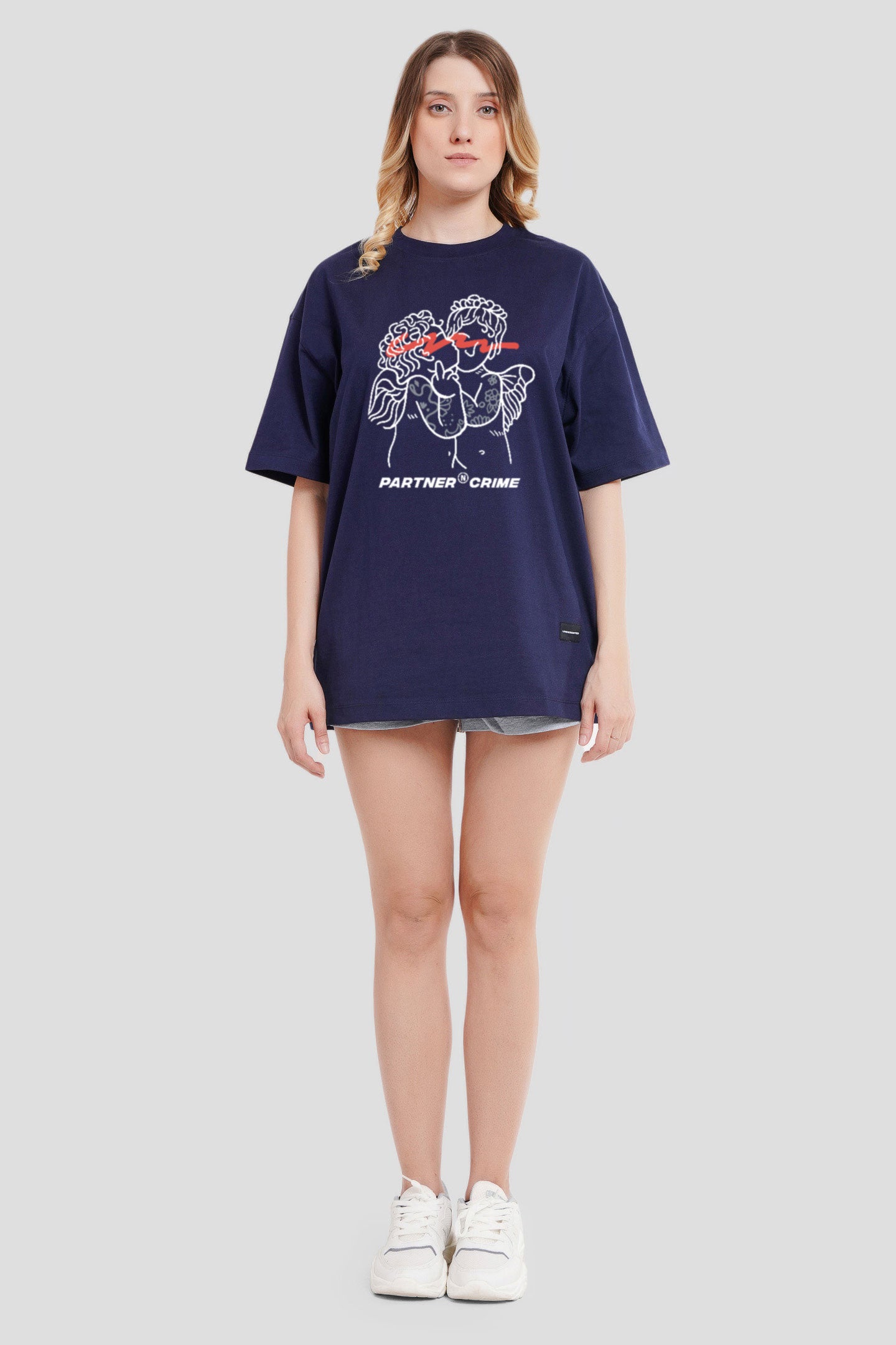 Partner N Crime Navy Blue Printed T-Shirt Women Oversized Fit