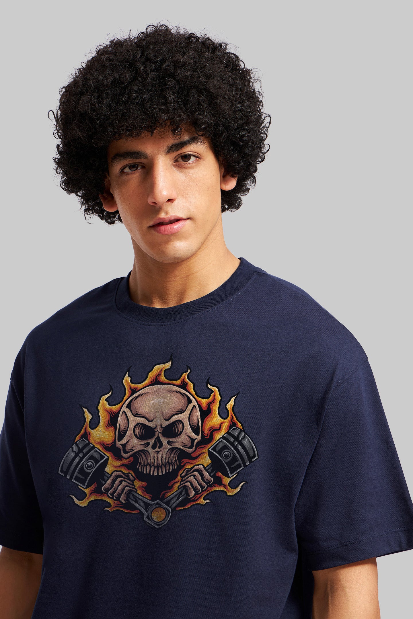 Skull Rider Navy Blue Oversized Fit T-Shirt Men Pic 1