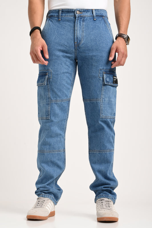 Blue Cargo Jeans For Men - Mid Rise Relaxed Fit Pic 1