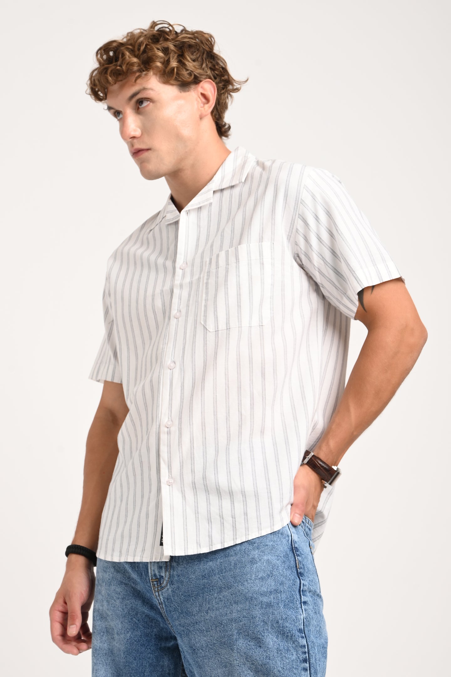 White Striped Cuban Collar Shirt Pic 5
