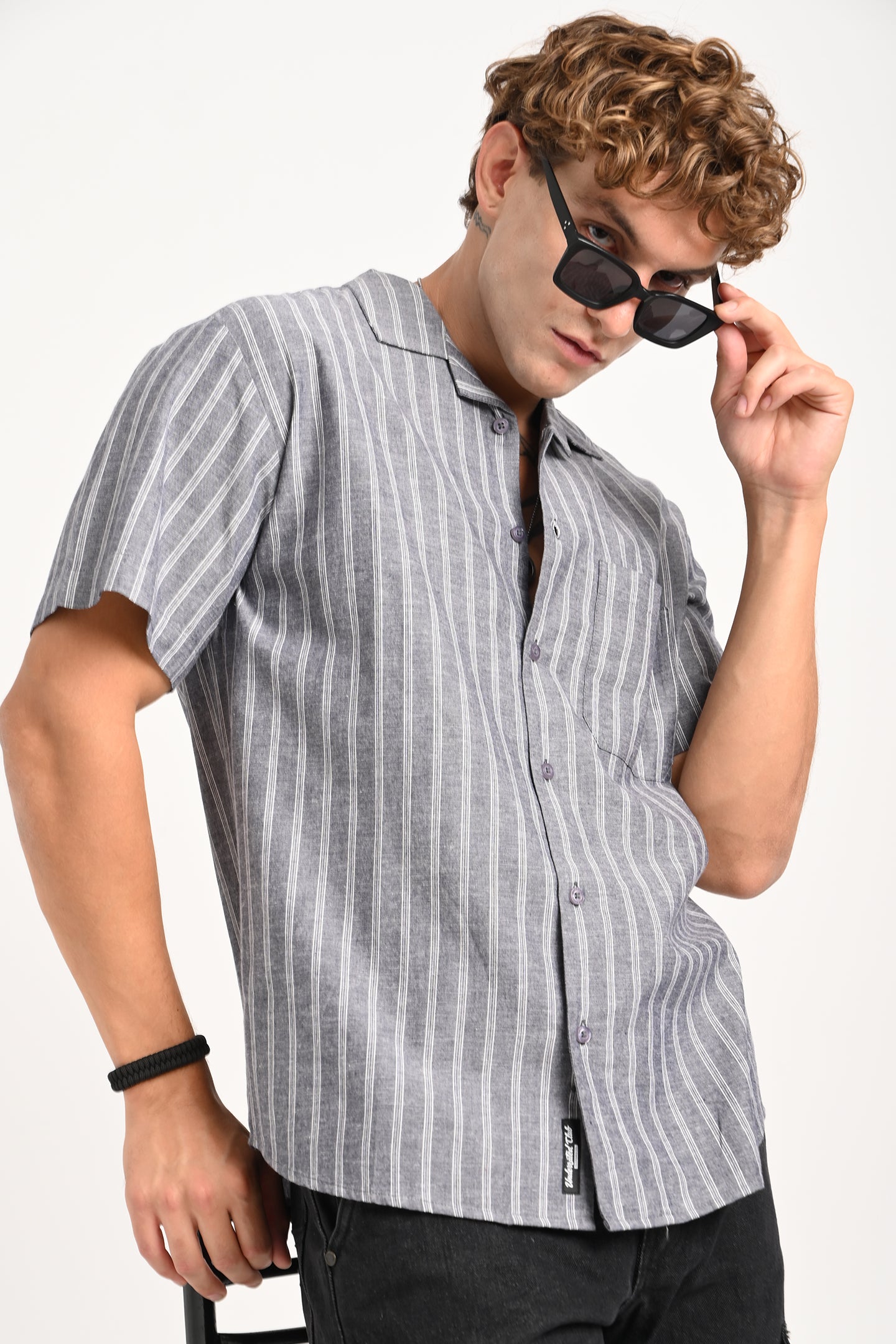 Grey Striped Cuban Collar Shirt Pic 7