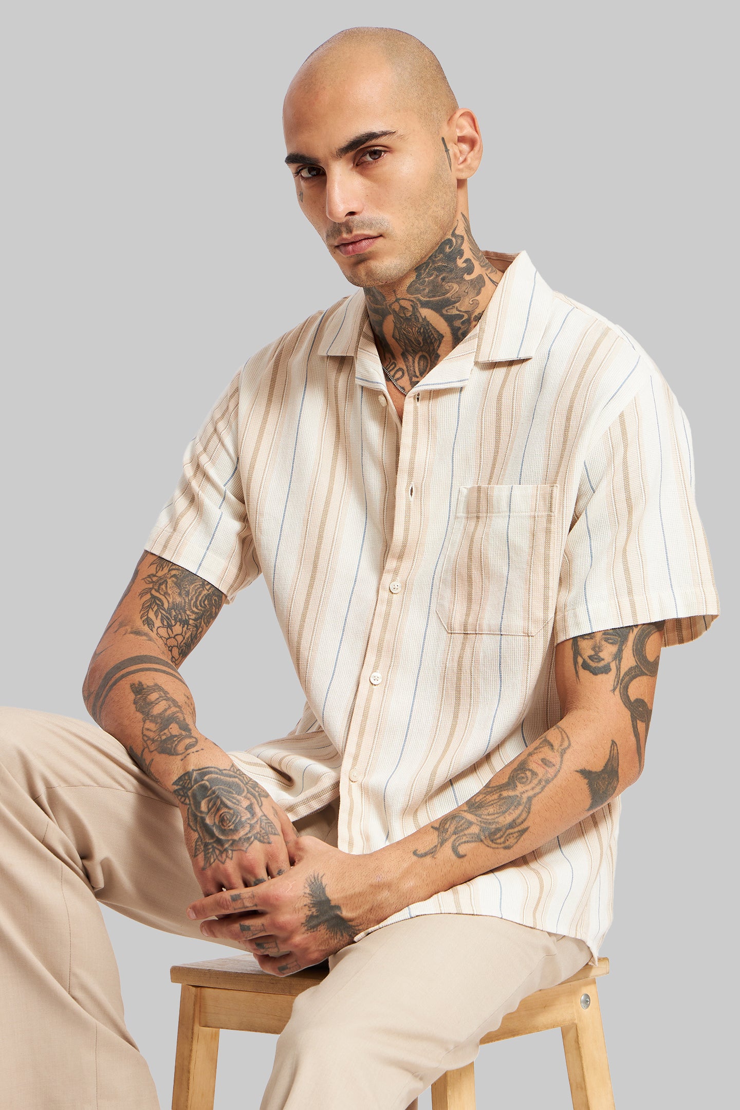 Men's Cream Chevron Striped Cuban Collar Shirt