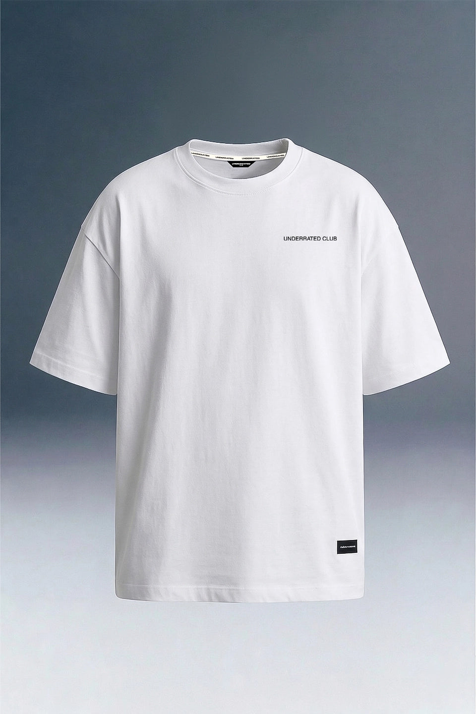 White Oversized T-Shirt Close-Up Label Detail | Premium Streetwear Quality | Underrated Club