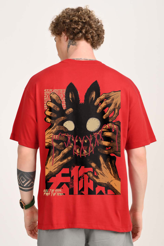 Distorted Labubu Streetwear Red Oversized Fit T-Shirt Men Pic 1