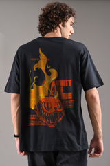 Flaming Labubu Demon Black Oversized Fit T-Shirt Men Pic 1