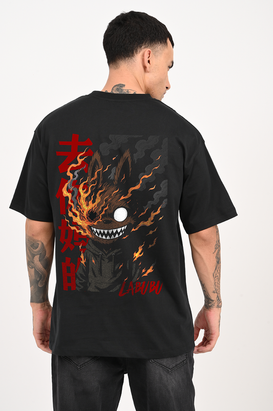 Flaming Labubu Monster Black Oversized Fit T-Shirt Men Pic 1