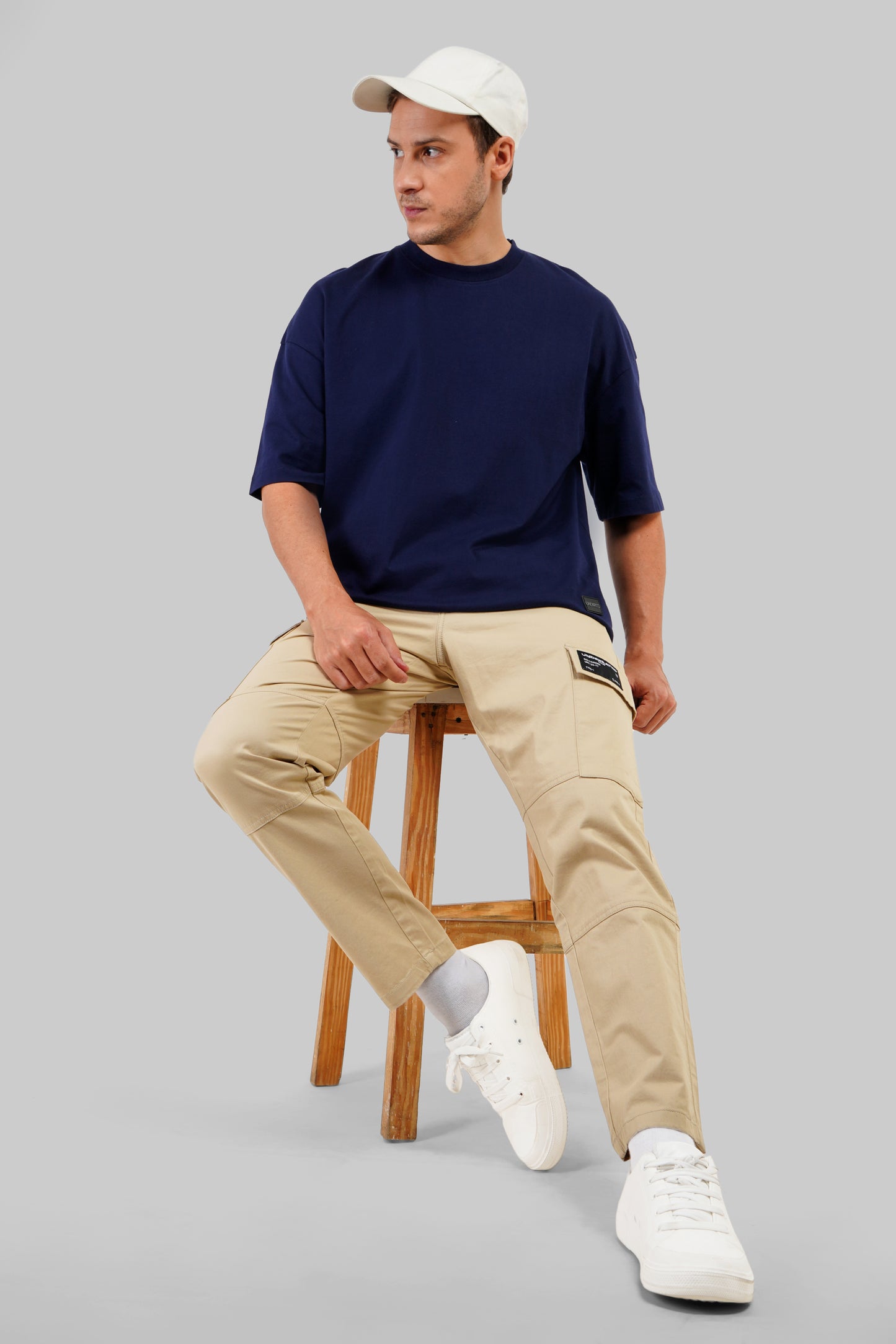 Solid Navy Blue Half Sleeves T-Shirt For Men Baggy Fit