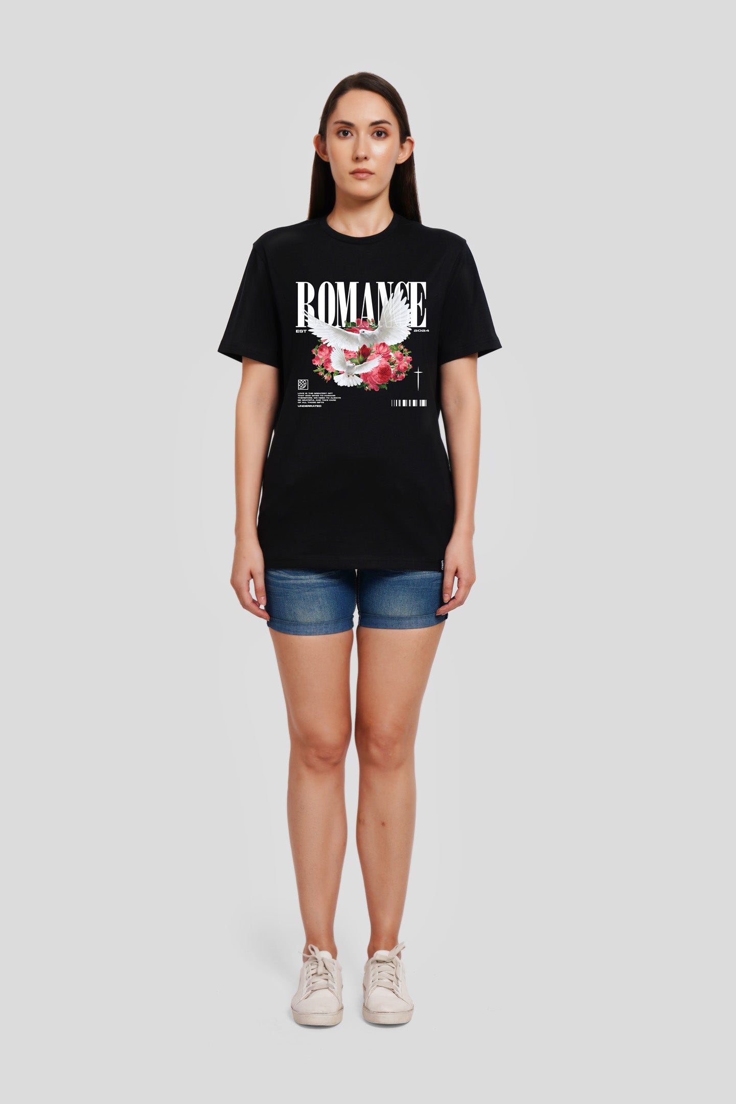 Romance Black Printed T-Shirt Women Boyfriend Fit