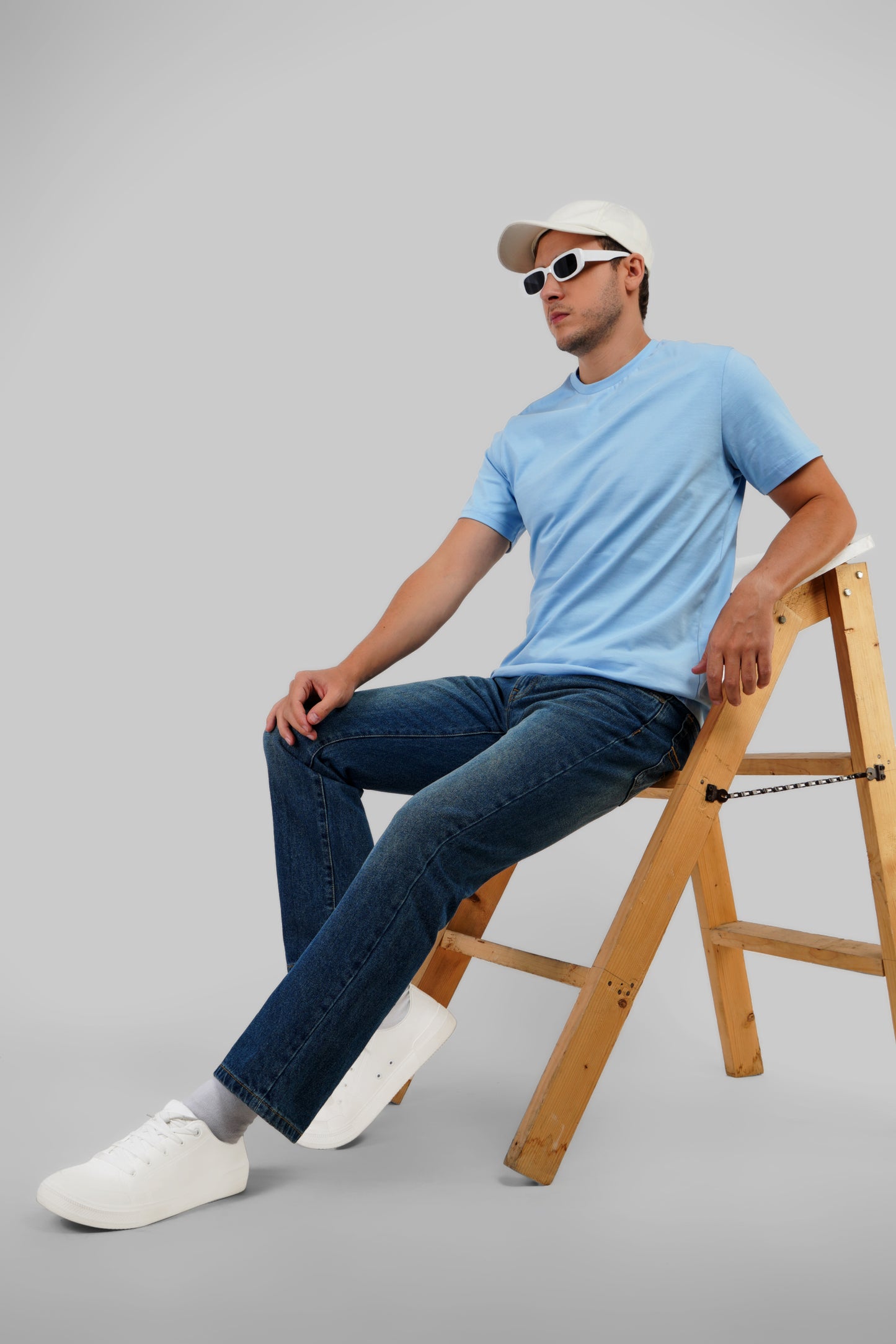 Solid Powder Blue Half Sleeves T-Shirt For Men Regular Fit