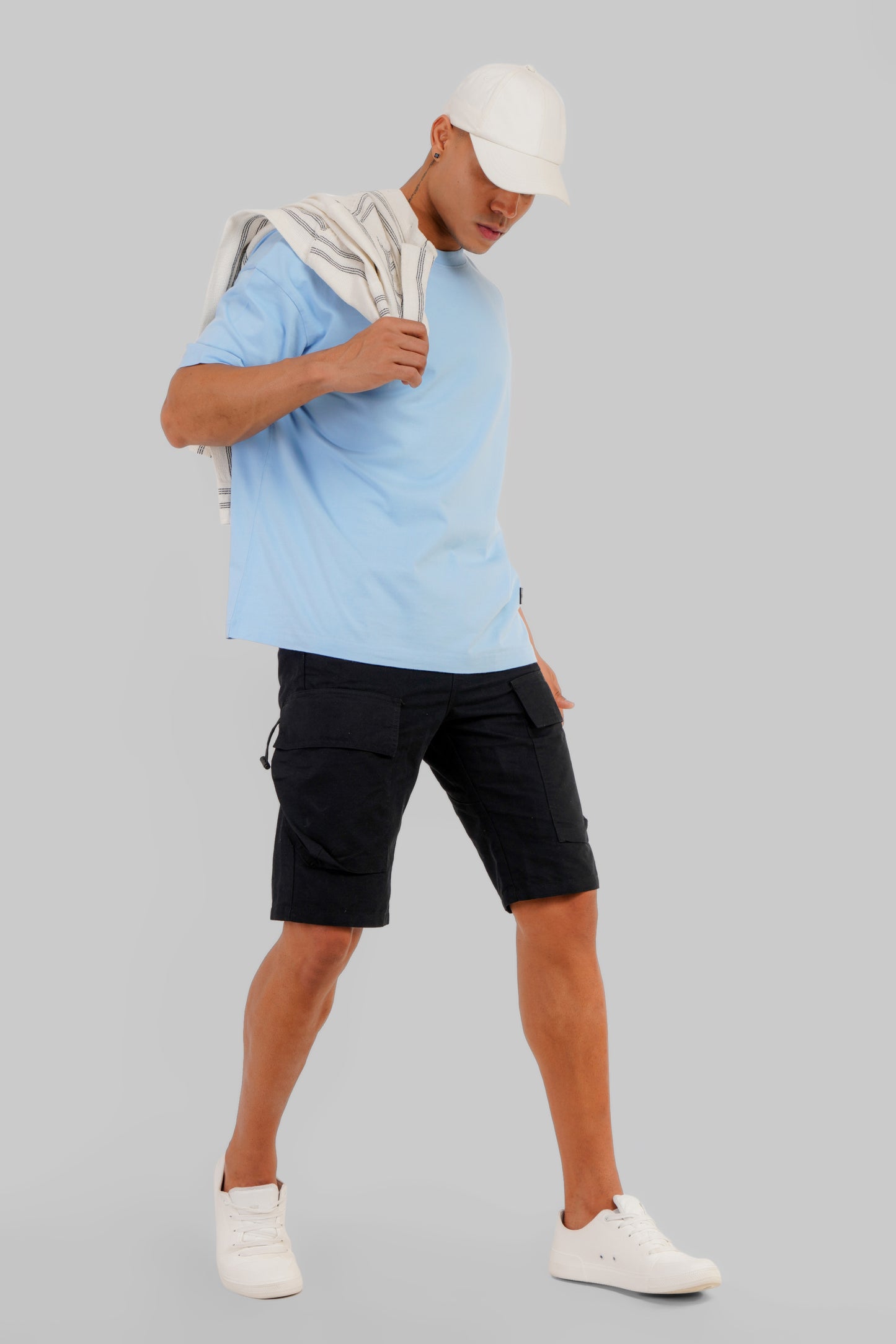 Solid Powder Blue Half Sleeves T-Shirt For Men Baggy Fit