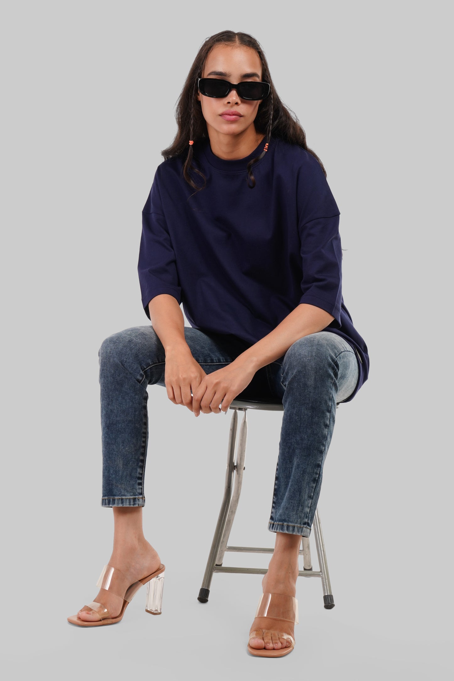 Solid Navy Blue Half Sleeves T-Shirt For Women Baggy Fit