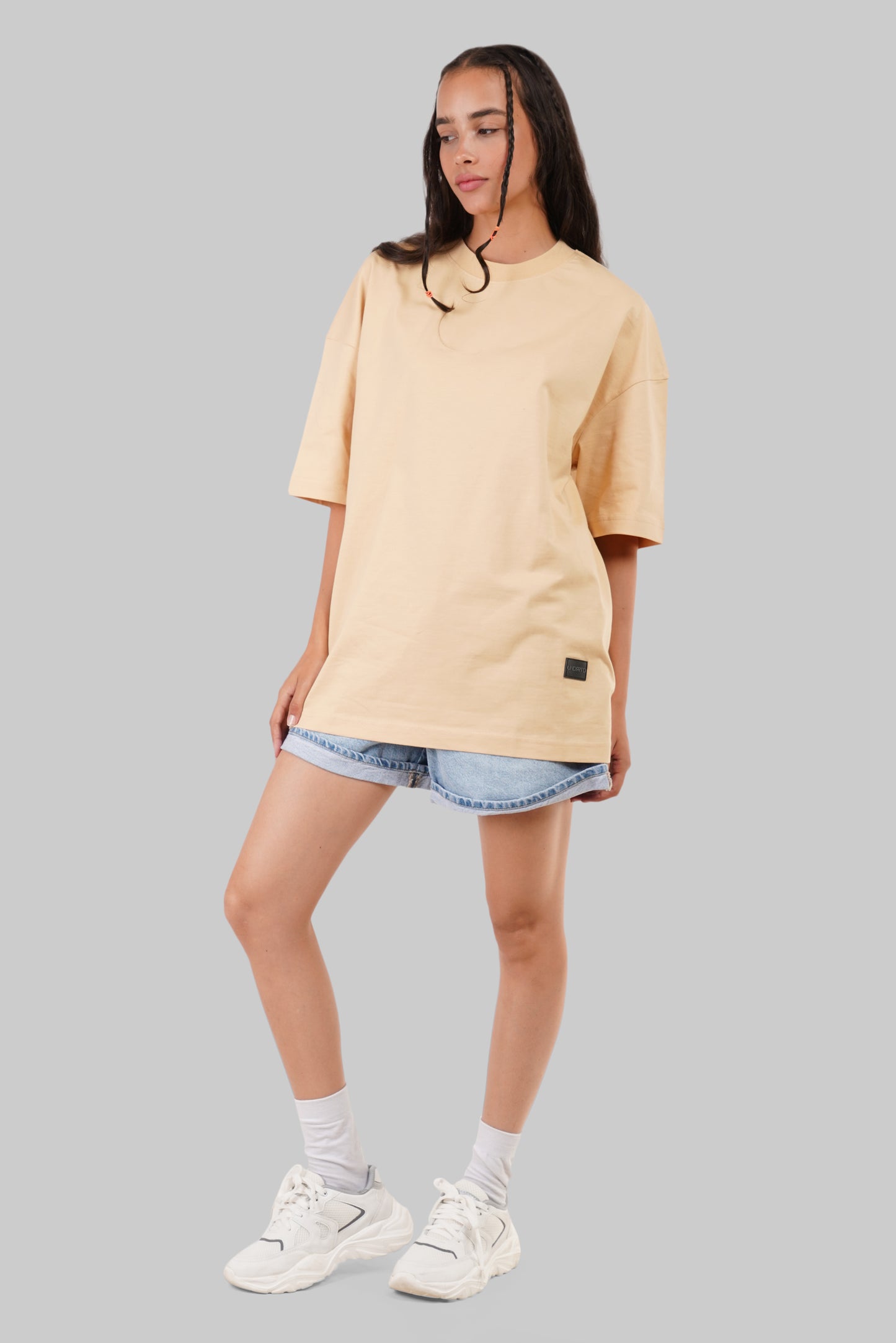 Solid Beige Half Sleeves T-Shirt For Women Baggy Fit