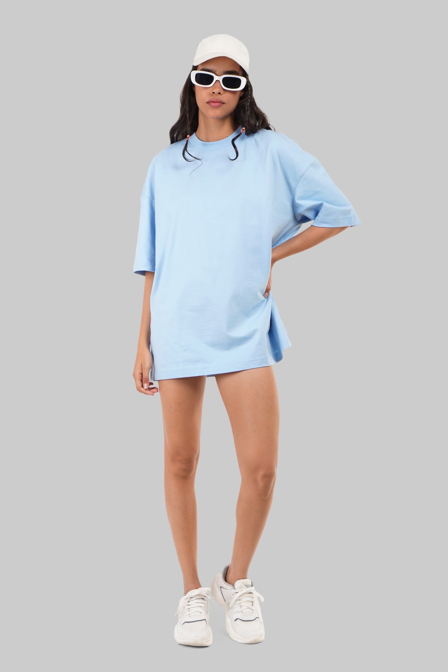 Solid Powder Blue Half Sleeves T-Shirt For Women Baggy Fit