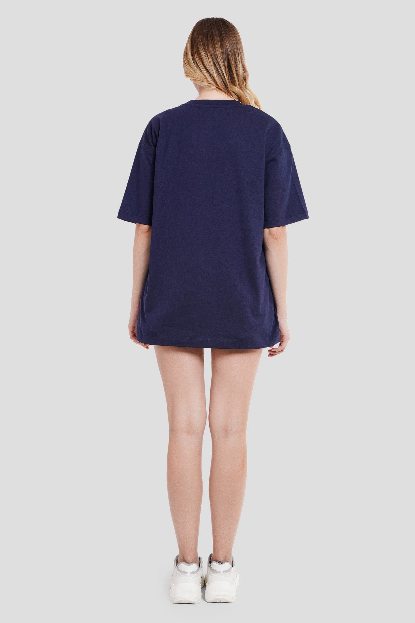 Solid Navy Blue Half Sleeves T-Shirt For Women Oversized Fit