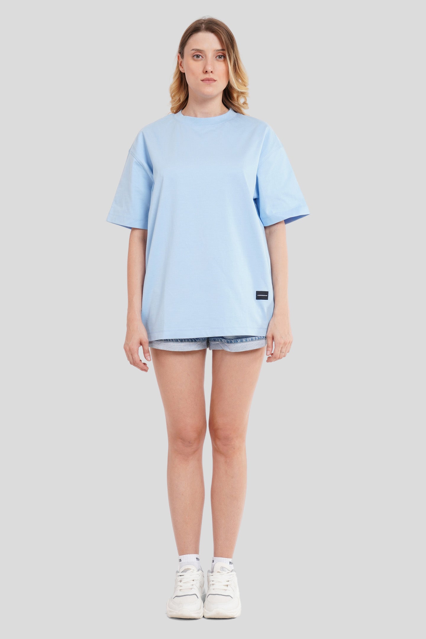 Solid Powder Blue Half Sleeves T-Shirt For Women Oversized Fit