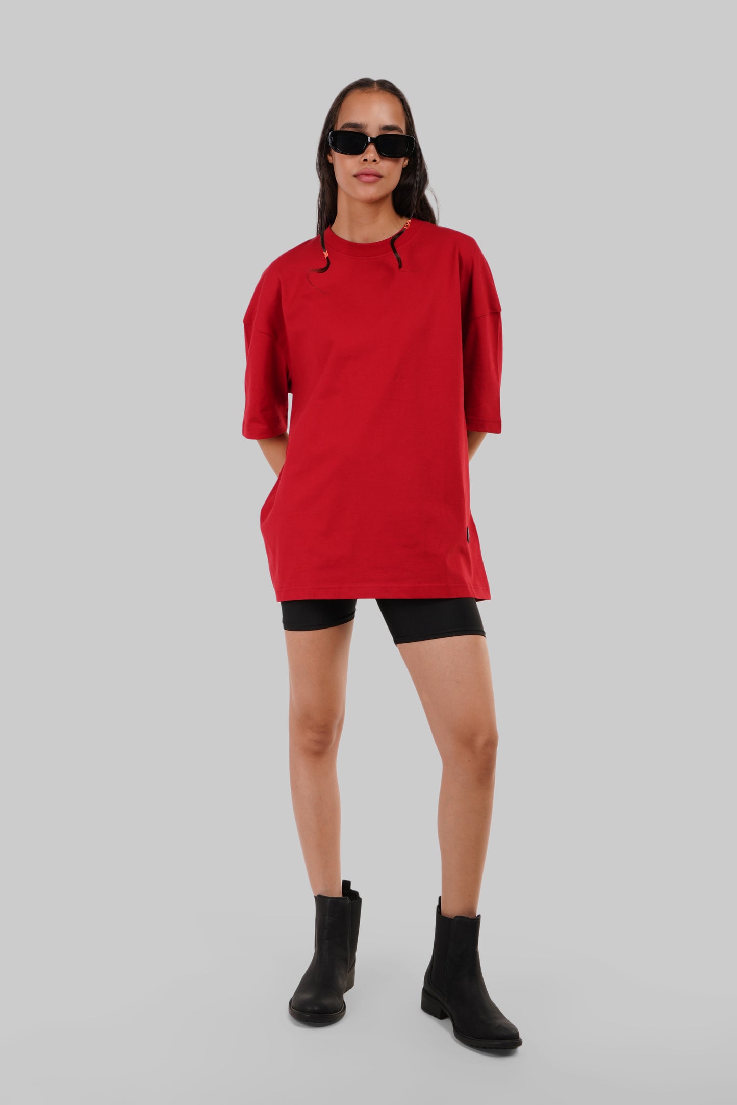 Solid Red Half Sleeves T-Shirt For Women Baggy Fit