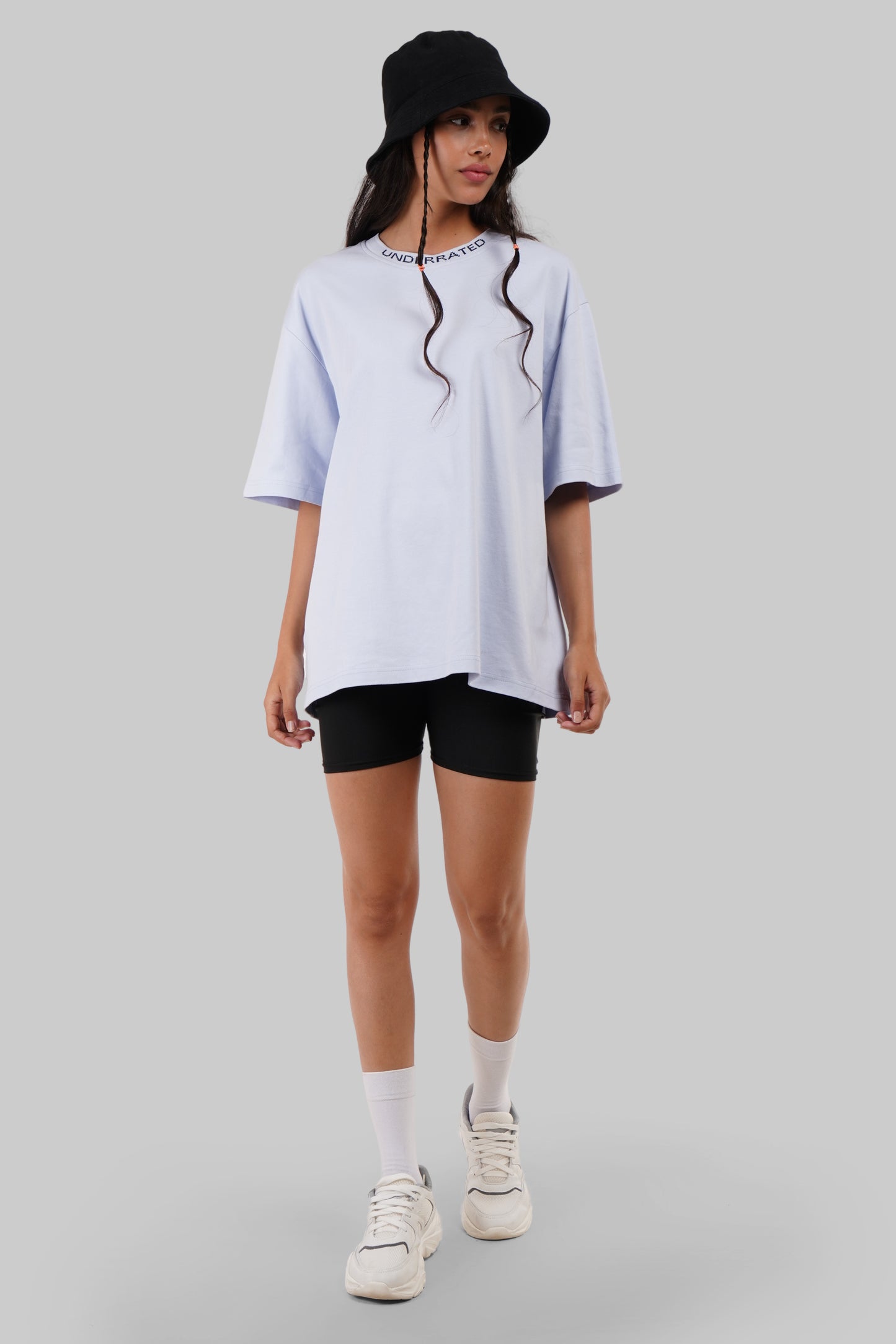 Powder Blue Neck Logo Print Oversized T-Shirt For Women