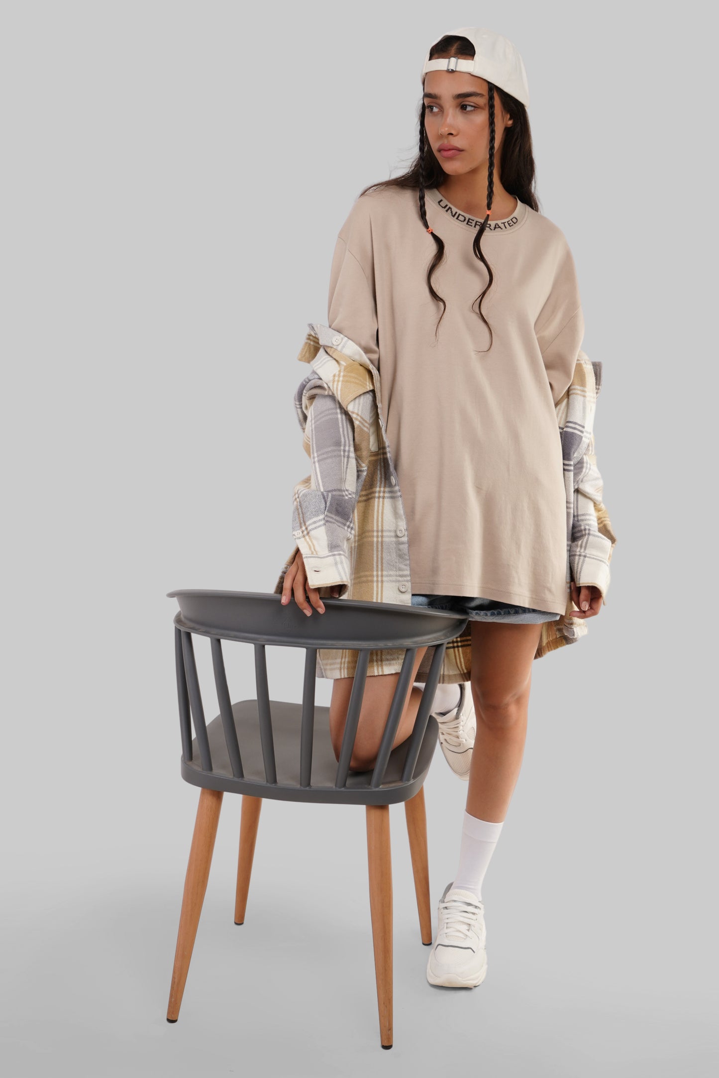 Beige Neck Logo Print Oversized T-Shirt For Women