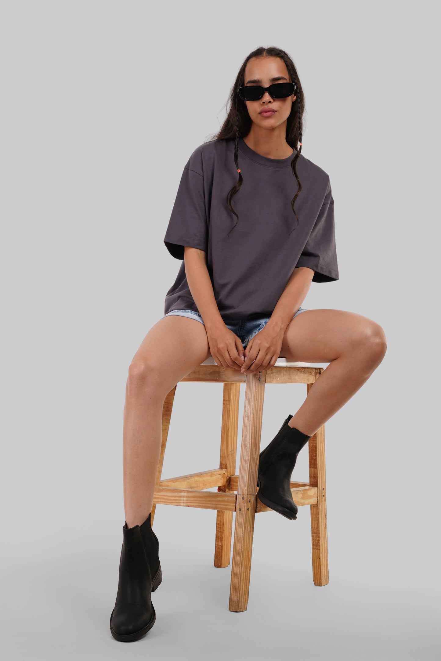 Solid Dark Grey Half Sleeves T-Shirt For Women Oversized Fit