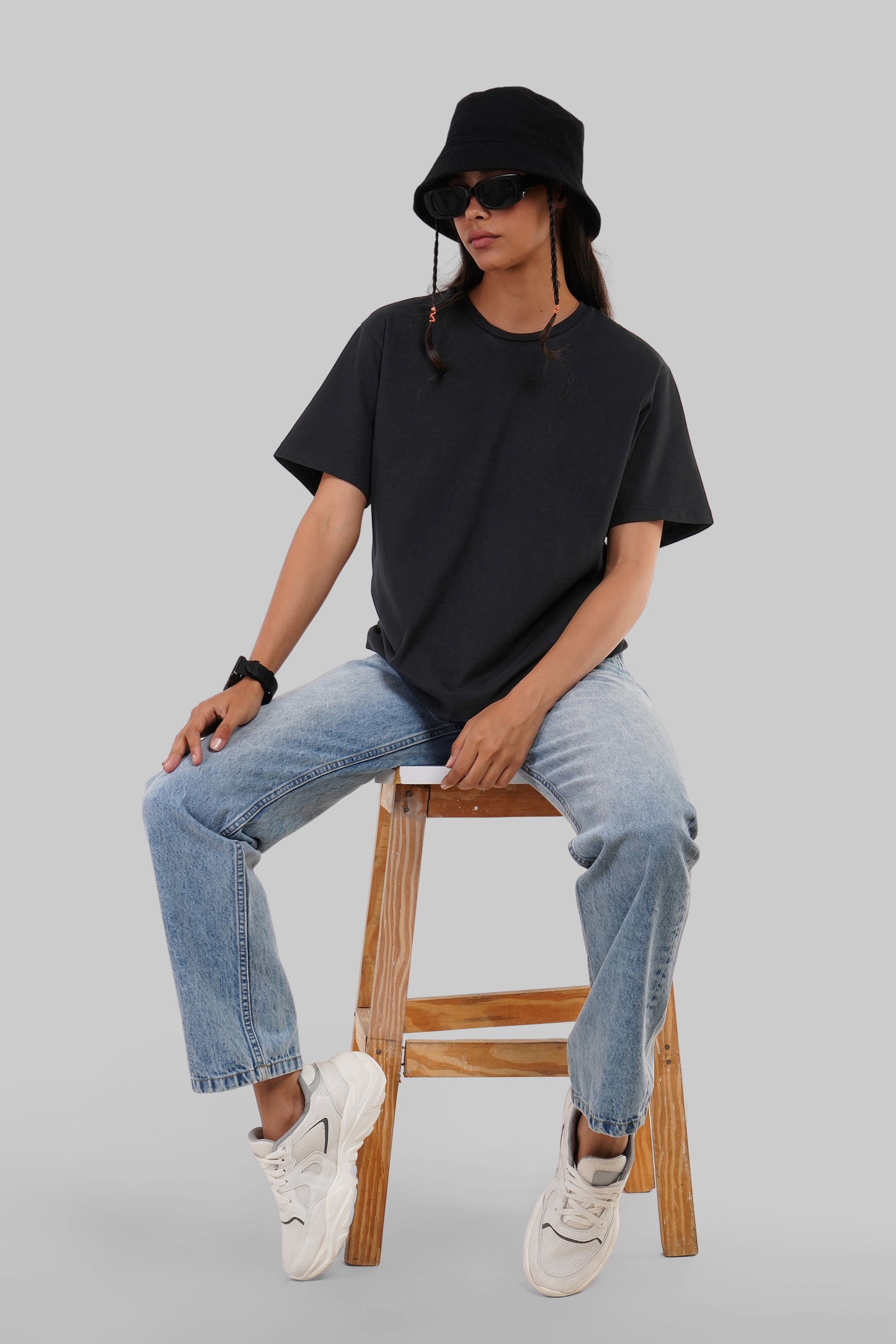 Solid Black Half Sleeves T-Shirt For Women Boyfriend Fit