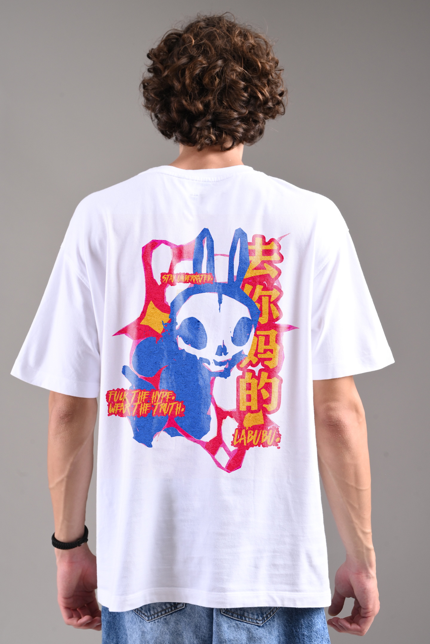 Streetwear Labubu Skull White Oversized Fit T-Shirt Men Pic 1