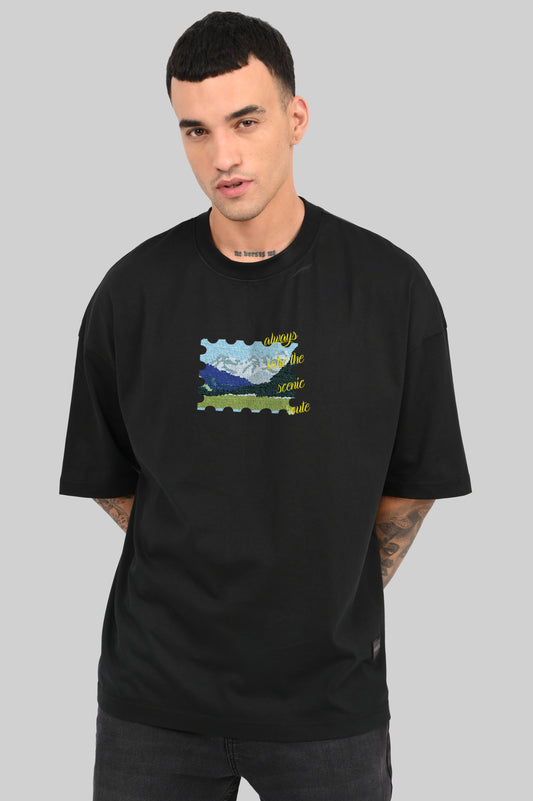 Scenic Route Postcard Black Baggy Fit T-Shirt Men Pic 1