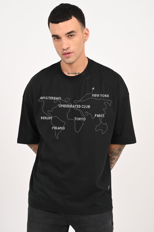 World Map Travel Black Baggy Fit T-Shirt Men Pic 1