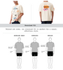 Front and back view of a cream oversized t-shirt with colorful graffiti graphics and a fit comparison diagram.