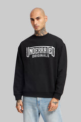 Man wearing a black Underrated Club Originals crewneck sweatshirt layered over a white collared shirt.
