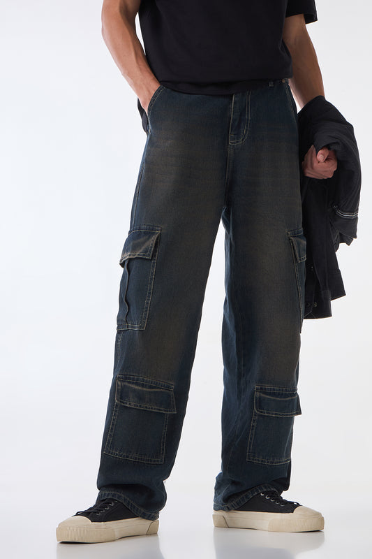 Rusty Blue Baggy Cargo Jeans For Men