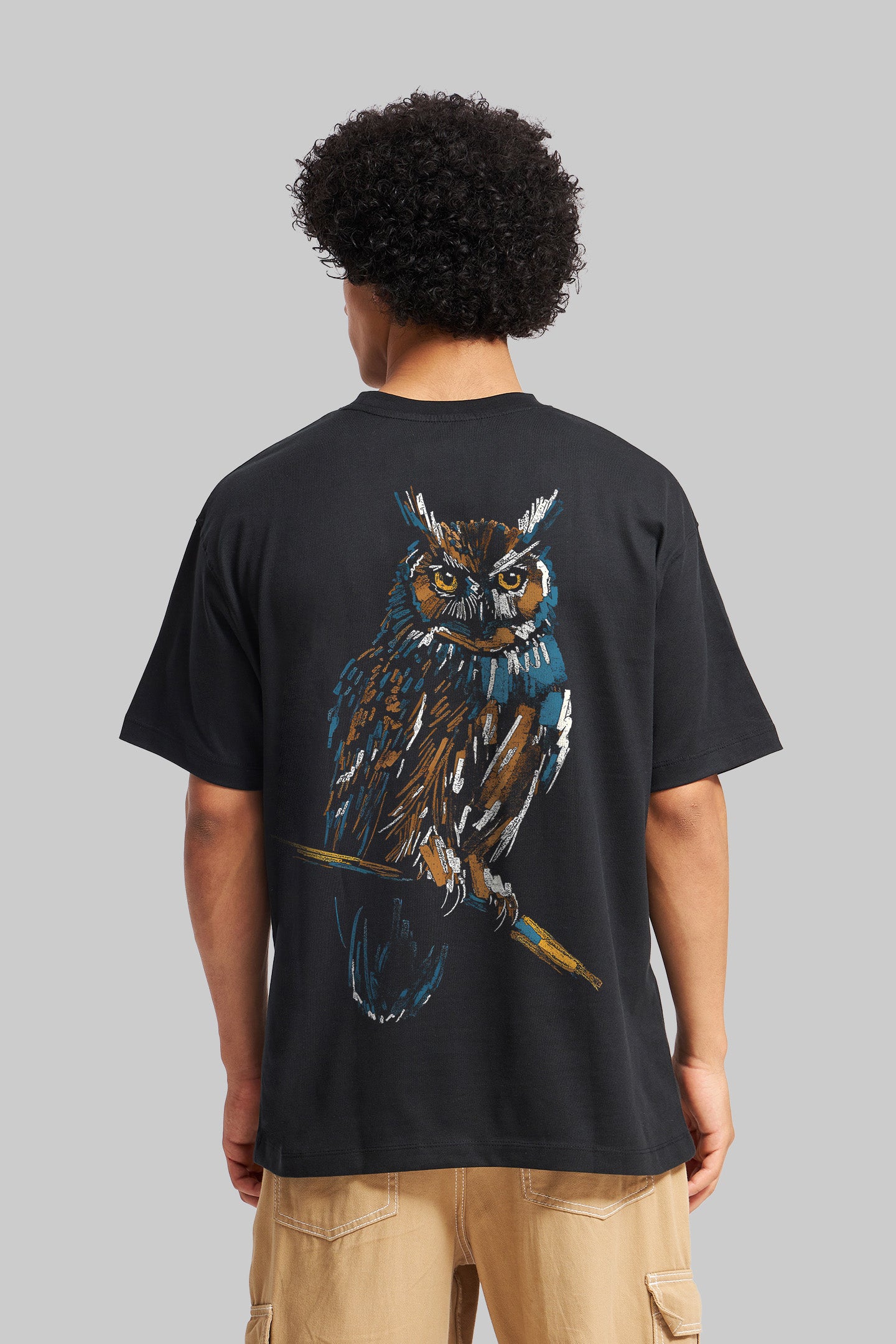 Owl Black Oversized Fit T-Shirt Men Pic 1