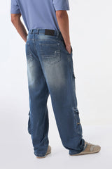 Faded Blue Baggy Cargo Jeans for men