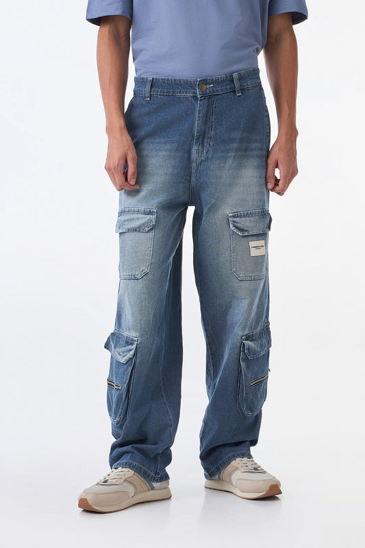 Faded Blue Baggy Cargo Jeans for men