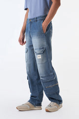 Faded Blue Baggy Cargo Jeans for men