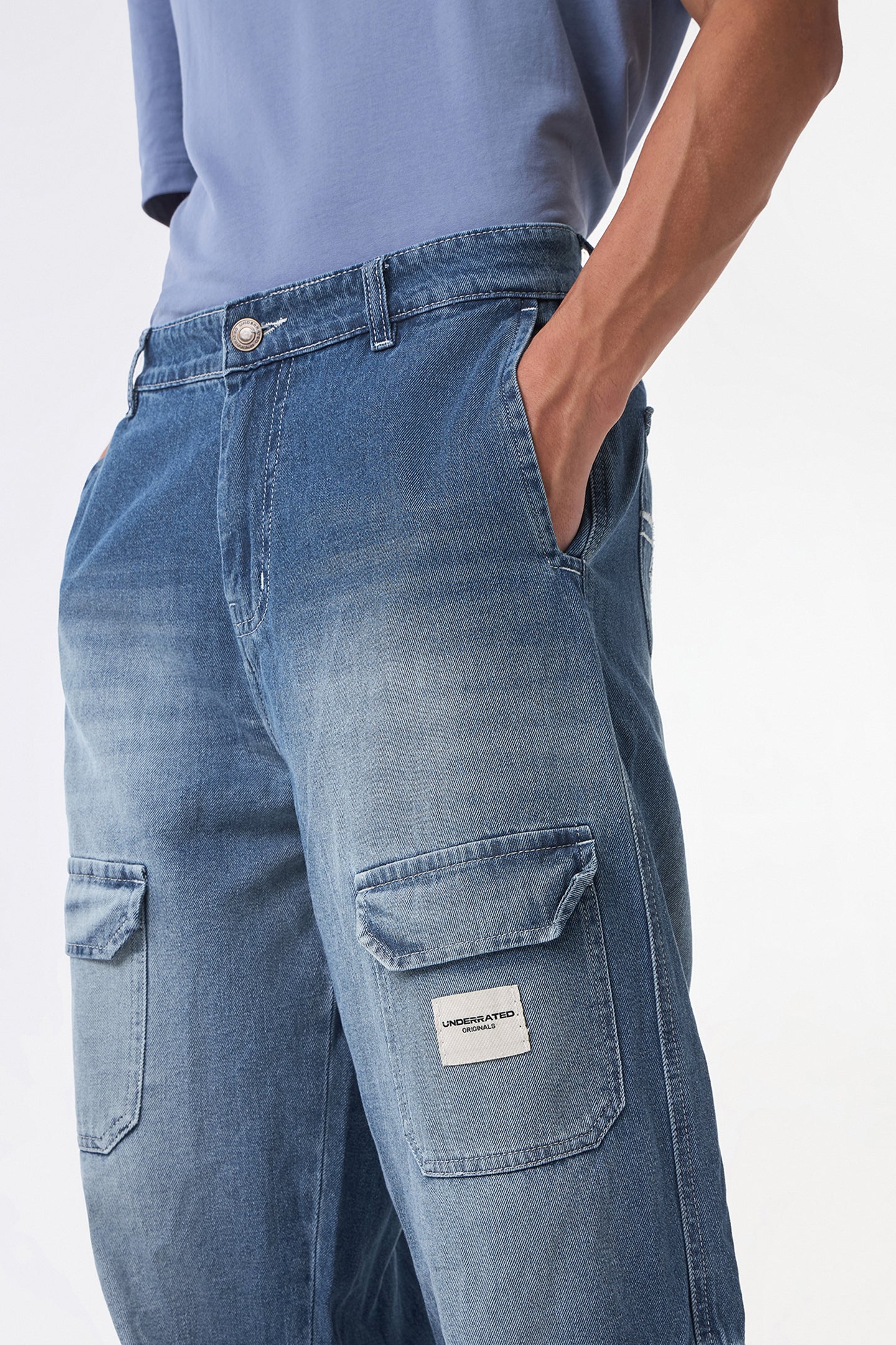 Faded Blue Baggy Cargo Jeans for men