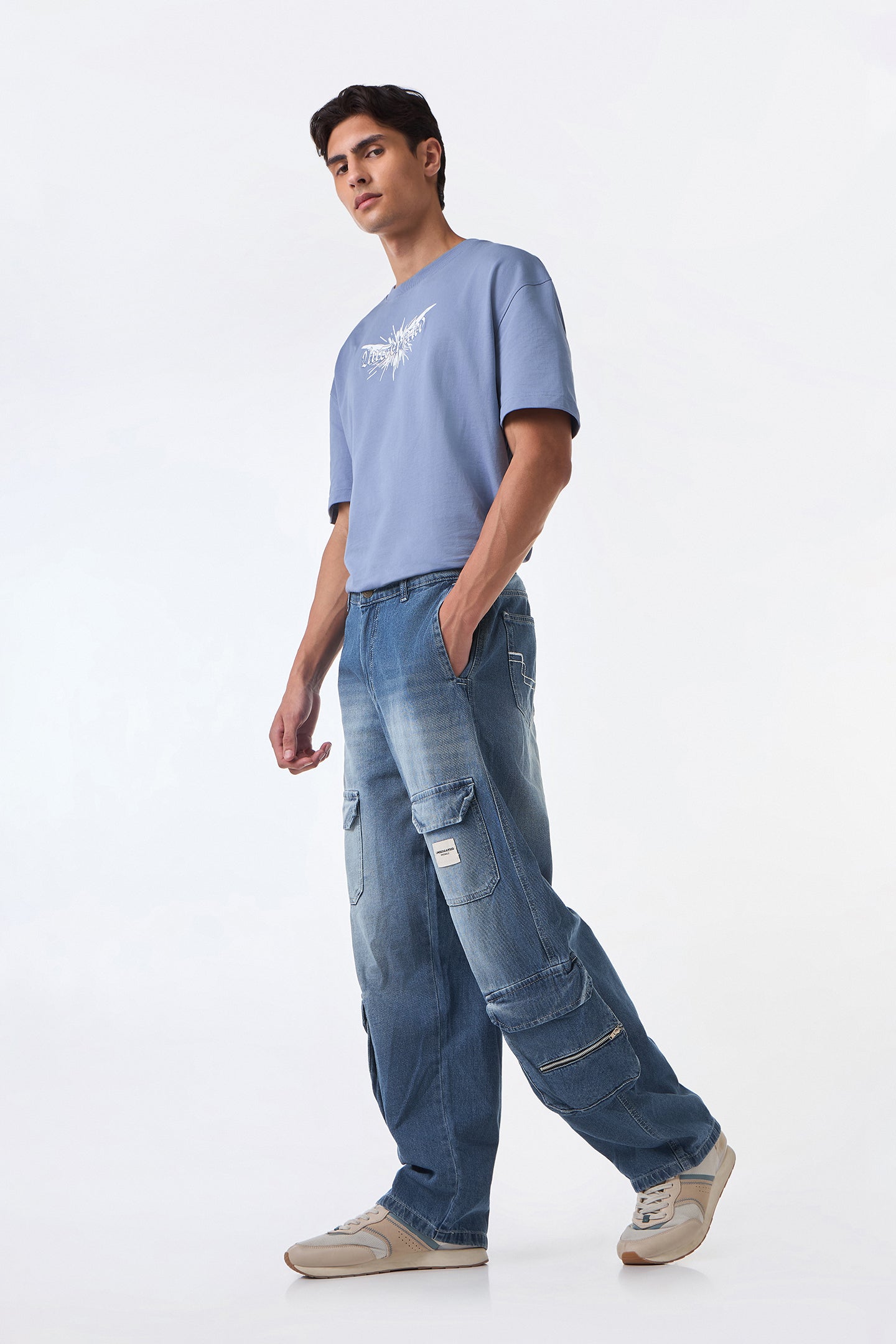 Faded Blue Baggy Cargo Jeans for men
