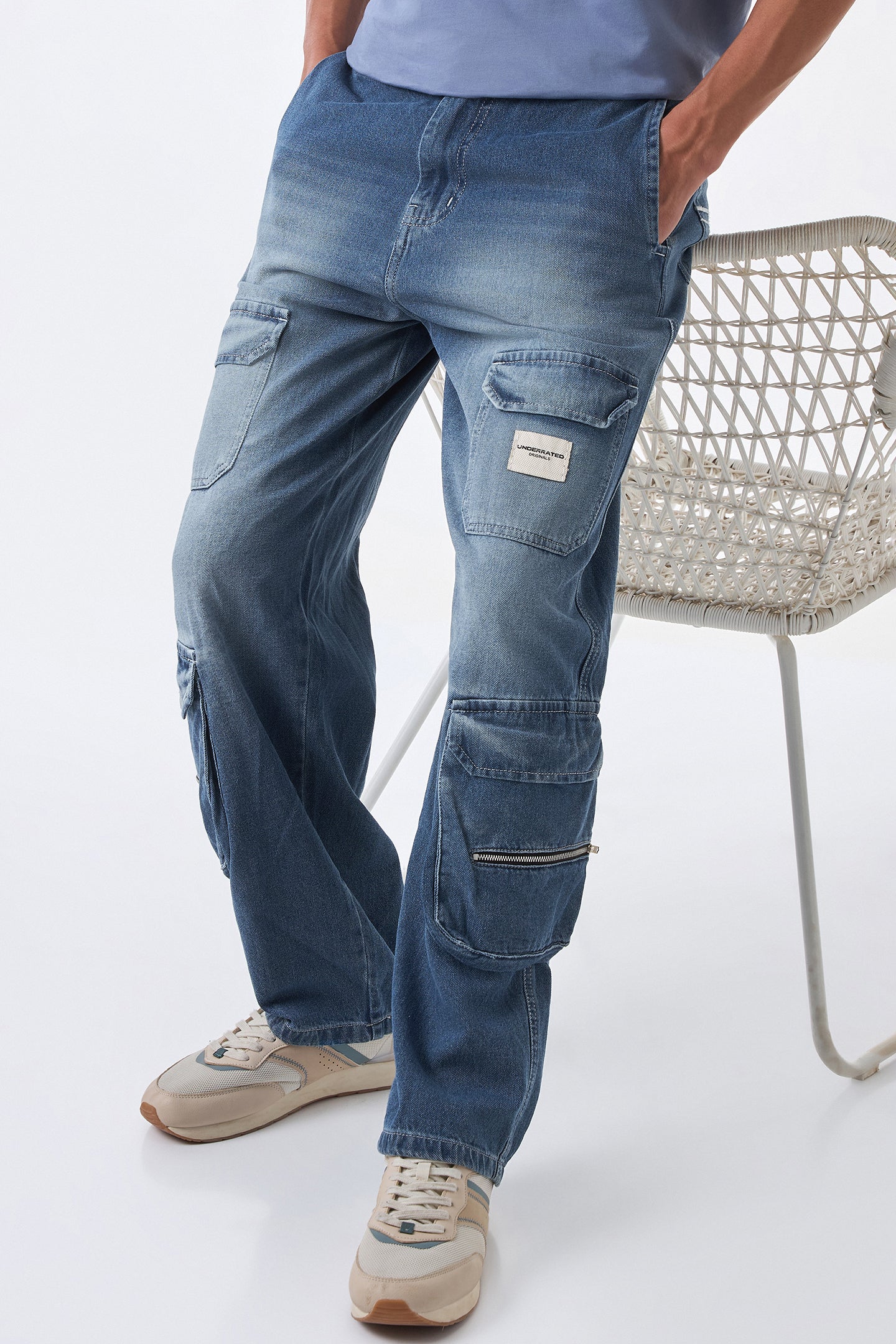 Faded Blue Baggy Cargo Jeans for men