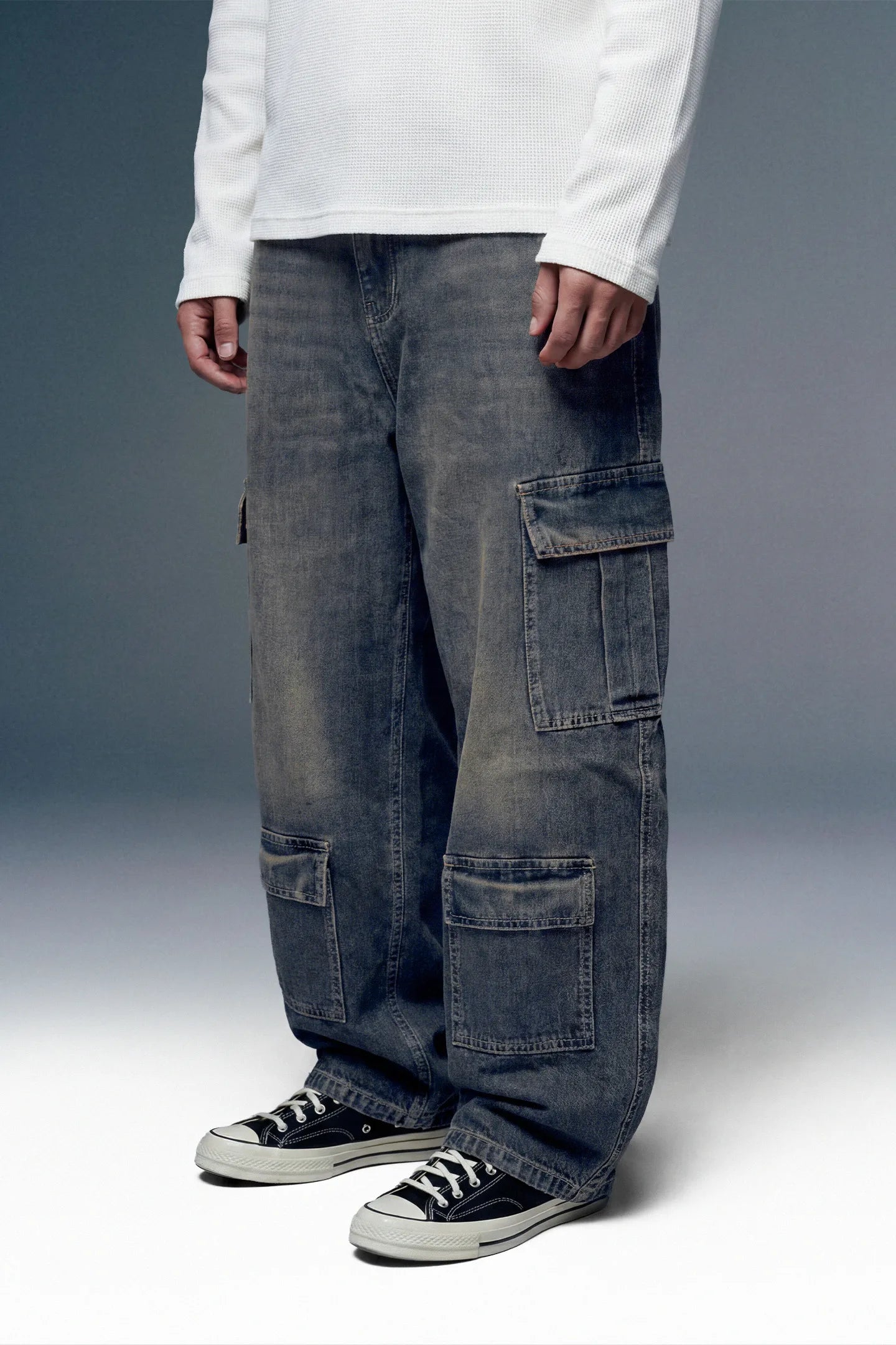 Dark Grey Washed Baggy Cargo Jeans for Men — Front View | Streetwear Denim Fit | Underrated Club