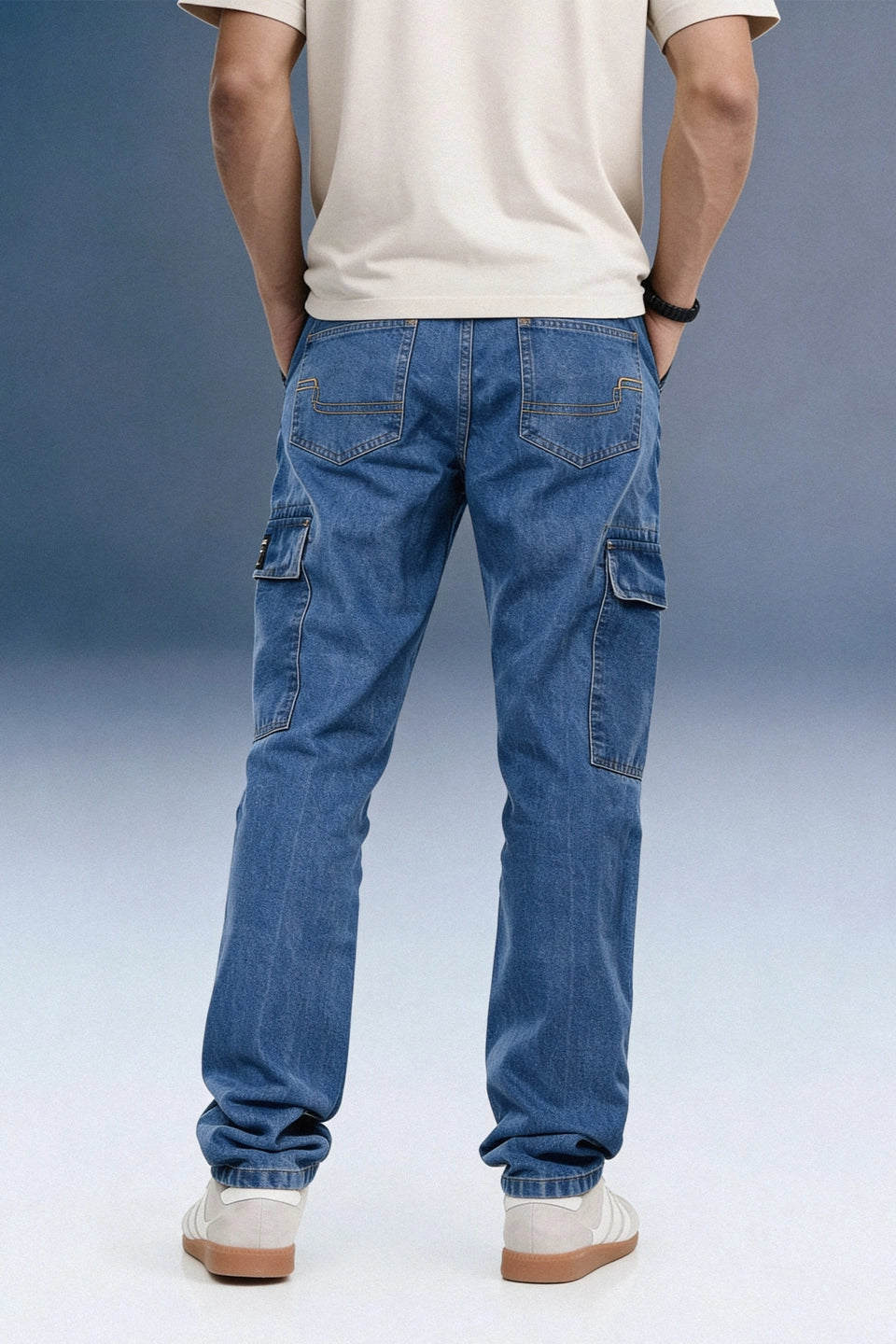 Blue Cargo Jeans For Men - Mid Rise Relaxed Fit