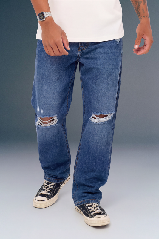 Blue Mid Rise Distressed Men's Relaxed Jeans