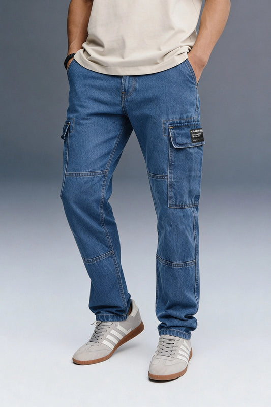 Blue Cargo Jeans For Men - Mid Rise Relaxed Fit