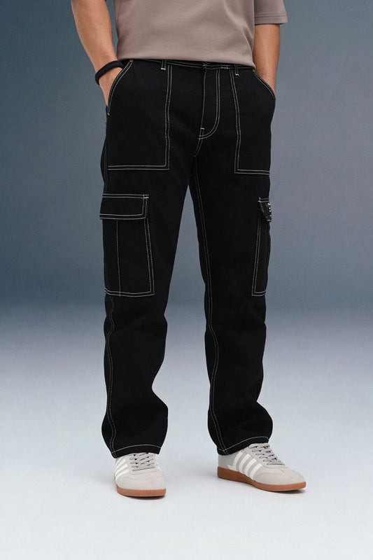 Black 6-Pocket Cargo Jeans for Men - Mid Rise Regular Fit