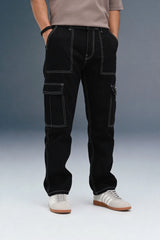 Black 6-Pocket Cargo Jeans for Men - Mid Rise Regular Fit