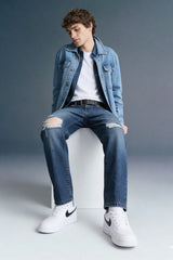 Dark Blue Mid Rise Distressed Men's Relaxed Jeans