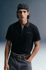 Black Zipper Placket Polo T-Shirt