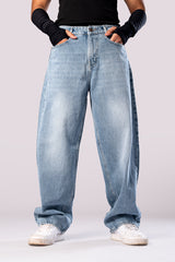 Close-up of the Ice Blue Wash baggy denim jeans, showing the wide, relaxed fit.