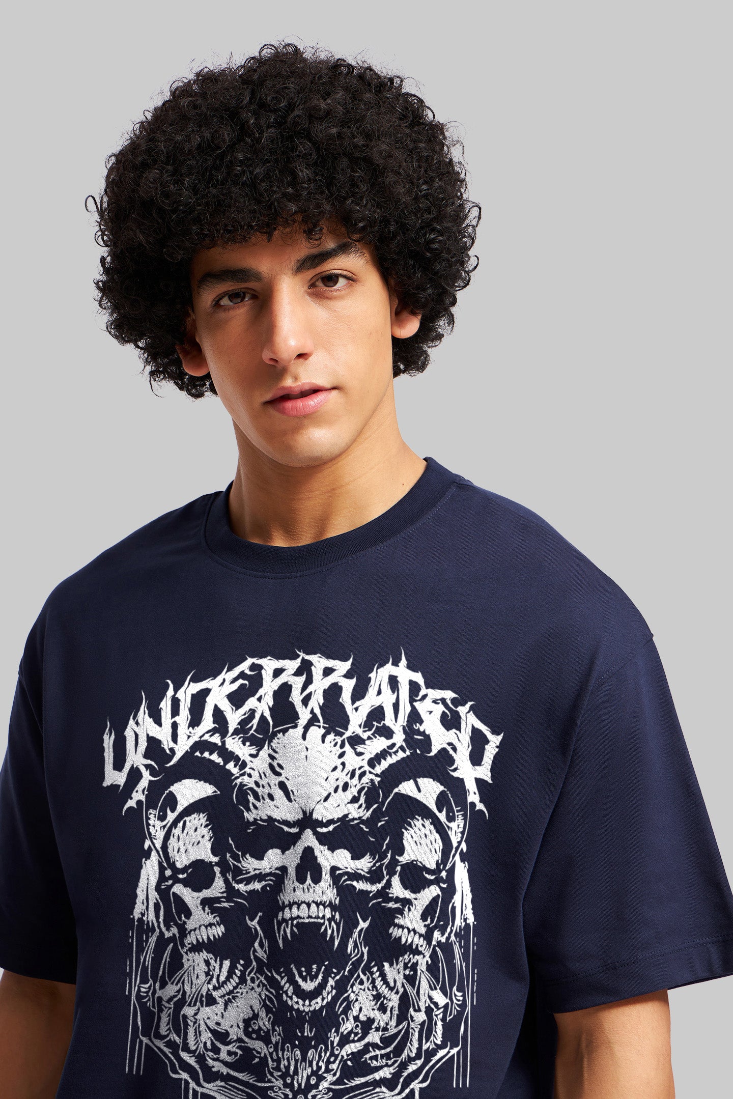 Skulled Navy Blue Oversized Fit T-Shirt Men Pic 1